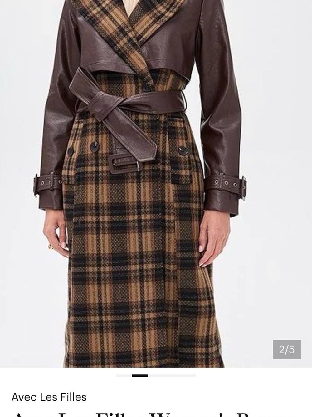 Avec Les Filles Brown and Tan Plaid Trench with Dark Brown Leather Sleeves - Picture 2 of 3
